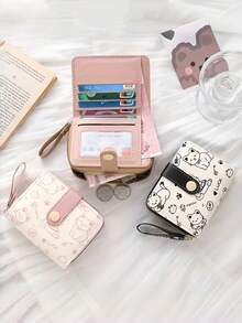 1pc Cute Bear Print Women's Wallet, Original Minimalist Japanese Style Tri-Fold Snap Closure Student Short Wallet, Women Coin Purse Clutch Bag, High-Value Compact Small Wallet, Folding Student ID Card Holder, Cute Cat Japanese Style Wallet - Pink Bear - View 8