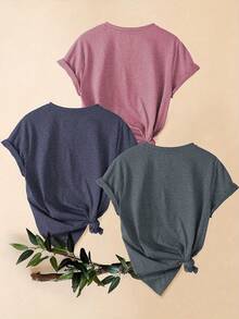 Three-Pack Vintage Style Women's Casual Sporty Round Neck Short Sleeve T-Shirts With "Truth, Joy, And Faith" Print, Available In Multiple Colors And Sizes S-XXL For Spring, Autumn, And Winter - 玫紅+藏藍+深灰 - 查看 2