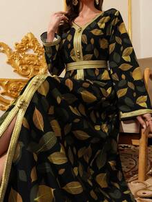 Ramadan Clothing, V-Neck Black & Gold Leaf Print Women's Robe, Gold Ribbon Trim Slit Hem Dress - Black - View 5