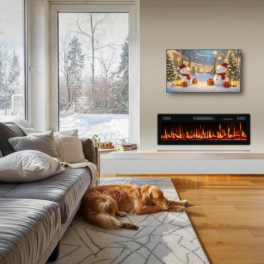 50" Ultra-Thin Silence Linear Electric Fireplace – Recessed & Wall Mounted Fireplace Heater With 12 Adjustable Flame Colors, Remote Control, Log & Crystal Options, 750W/1500W - View 1