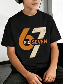 男童休闲印花圆领短袖T恤，夏季上衣 - 黑色 - 查看 2