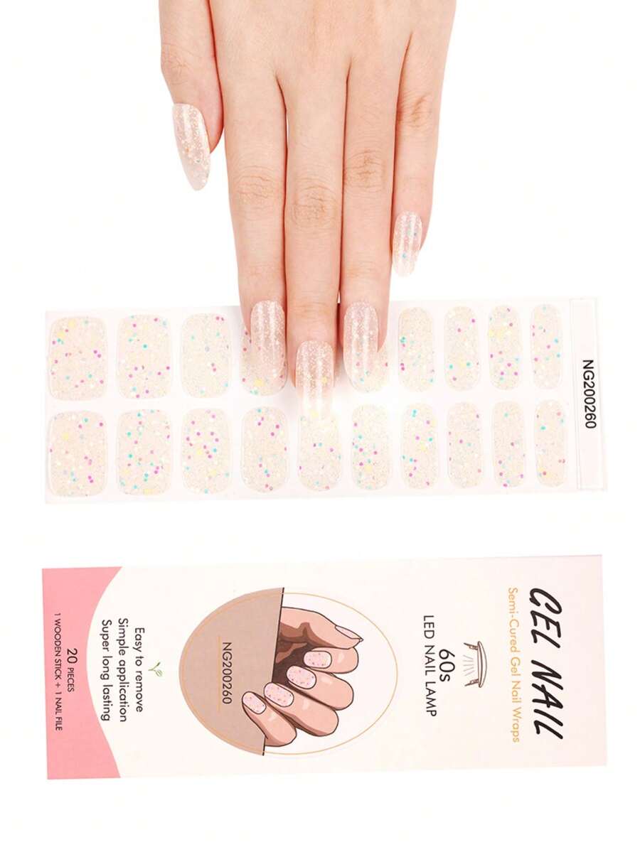 1 Box mit 20 Stücke natürliche, langanhaltend, klassische, selbstleuchtende Glitzer Nagel Aufkleber, Mehrfarbiges Design für UV Gel Maniküre, einfach anzubringen und zu entfernen