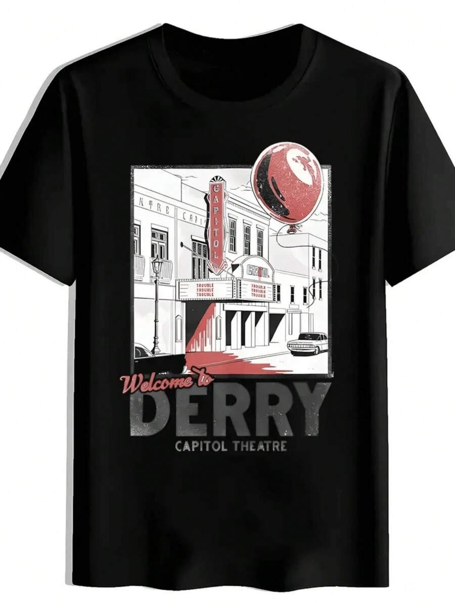 Illustration Of The Capitol Theatre In The Fictional City Of Derry With A Red Balloon Floating Over The Street, Evoking Mystery And Urban Atmosphere, Conveying An Immersive Feeling For Lovers Of Cinematic Iconography. Men's T-Shirt 100% Cotton. - 白色 - 查看 1