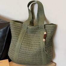New Women'S Fashion Solid Color Shoulder Bag Is A Stylish Beach Tote. The Woven Texture Enhances The Bag'S Quality And Adds Some Flexibility. It Features A Spacious Open Interior, Making It Ideal For Daily Outings, Shopping, Commuting, School - 綠色 - 查看 1