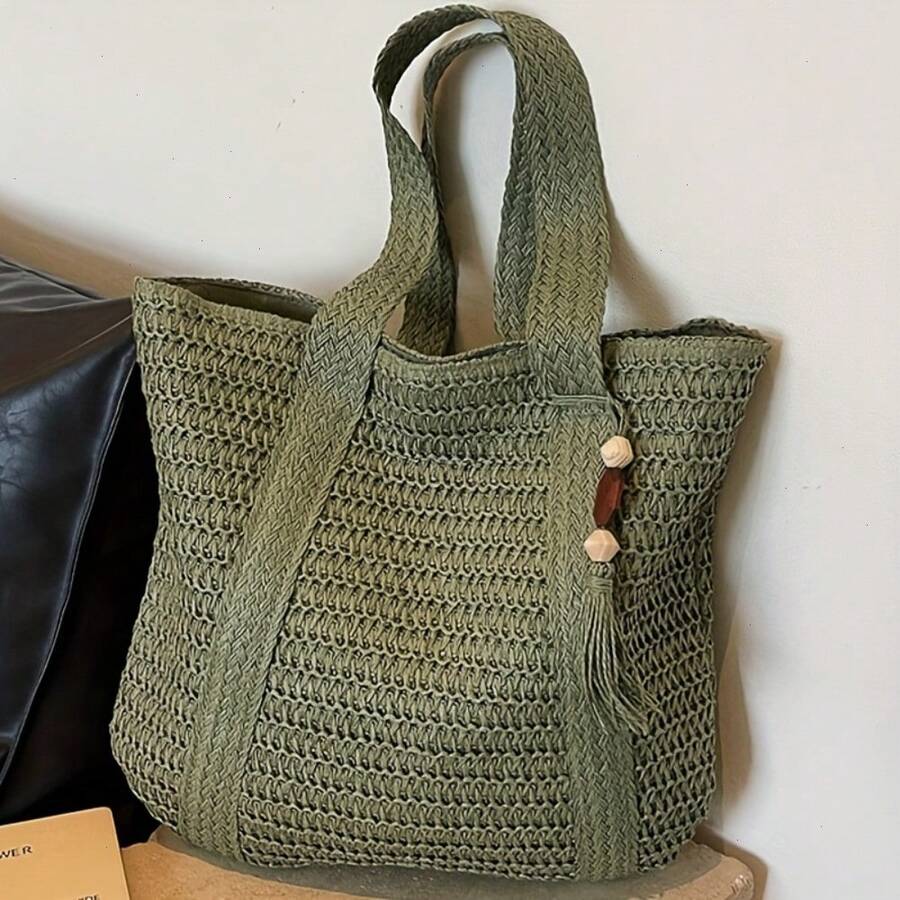 New Women'S Fashion Solid Color Shoulder Bag Is A Stylish Beach Tote. The Woven Texture Enhances The Bag'S Quality And Adds Some Flexibility. It Features A Spacious Open Interior, Making It Ideal For Daily Outings, Shopping, Commuting, School - 綠色 - 查看 1