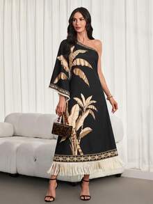 Women's Tropical Rainforest Print Fringe Hem Dress, Suitable For Daily Commute And Casual Vacation. This New Spring/Summer Printed Dress Features A Casual Elegant Style Black - Black - View 5