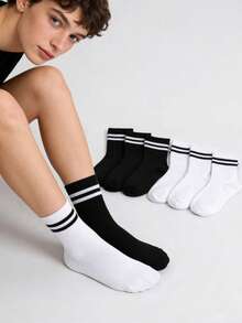 6双装经典条纹舒适透气纯色双条纹男女通用中筒袜 - 黑與白 - 查看 7