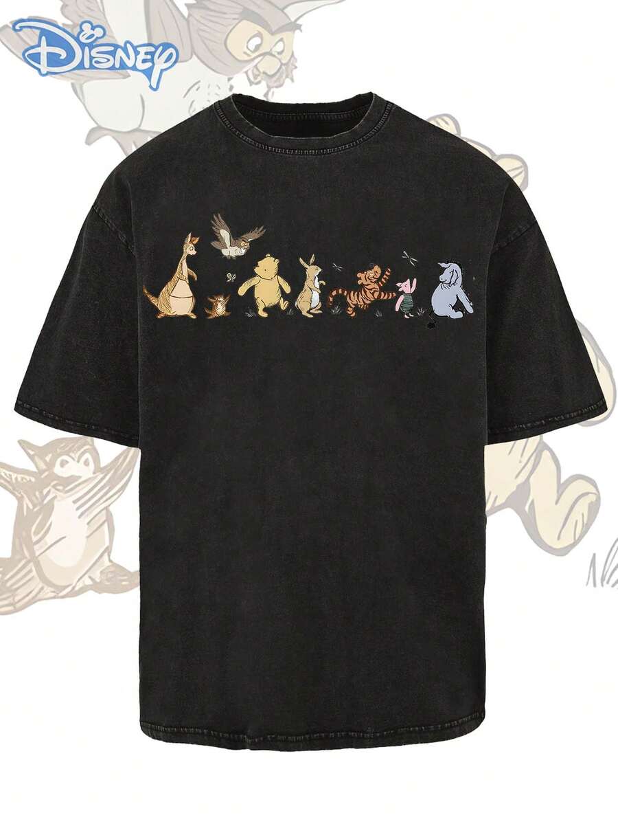 Disney Winnie The Pooh Short-Sleeved Men's Summer T-Shirt, Distressed Effect, One-Piece Design, Pure Cotton Fabric, Comfortable And Breathable, Casual Outdoor Street Style, Crew Neck; A High-Quality Fashion Brand, It Is An Ideal Surprise Gift For Family And Friends. - 黑色 - 查看 1