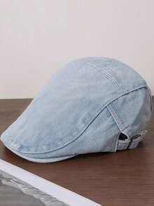 1pc Solid Color Washed Denim Newsboy Cap, Minimalist Vintage Beret Hat,Summer,Beach,Holiday,Festival,Travel - A - View 3