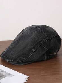 1pc Solid Color Washed Denim Newsboy Cap, Minimalist Vintage Beret Hat,Summer,Beach,Holiday,Festival,Travel - A - View 4