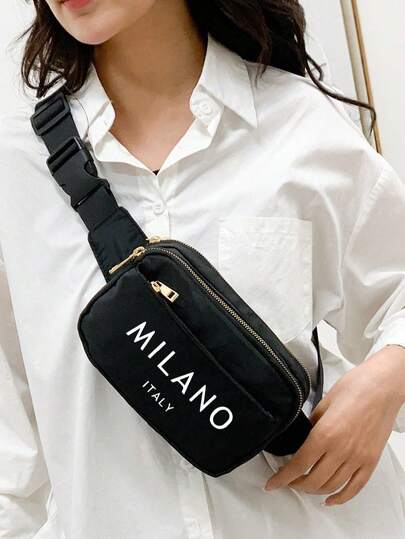 Durable Solid Color Chest Bag With "Milan" Solid Color Letters Printed On It, Waterproof Sports Adjustable Shoulder Strap, Suitable For Exercise, Running, Traveling, And Hiking, Keeping Fashionable And Orderly, Suitable For Both Men And Women, Holiday Gifts, Birthday Gifts, Mother's Day Gifts, Back To School, Independence Day, Easter, Women's Day Gifts