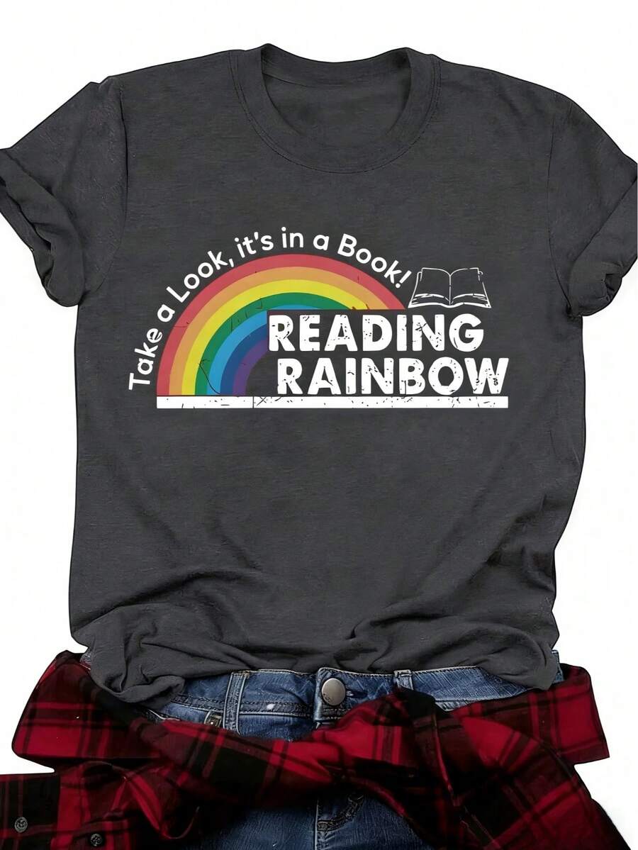 Women's T-Shirt Fitted Tops Print Y2K Crew Neck Tee-Plus Size - Women'S Red T-Shirt - Reading Rainbow Graphic Tee With Book Design - Casual Everyday Shirt For Teachers, Book Lovers - Valentine'S Day & Back To Outfits - Soft Everyday Top, Teacher Apparel, Playful Design, Comfortable Fit-Summer Festival Fashion, Adult Heavyweight T-Shirt - 深灰色 - 查看 1