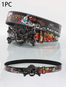 1pc Y2K Rhinestone Skull Buckle Belt, Graffiti Print Belt, Punk Gothic Waist Belt For Streetwear, Raves, And Party Outfits - Rhinestones - View 3