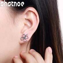 Pendientes de botón de trébol de cuatro hojas hueco de plata de ley 925, regalo de joyería de moda para mujeres, fiesta, compromiso, boda - plata - Ver 3