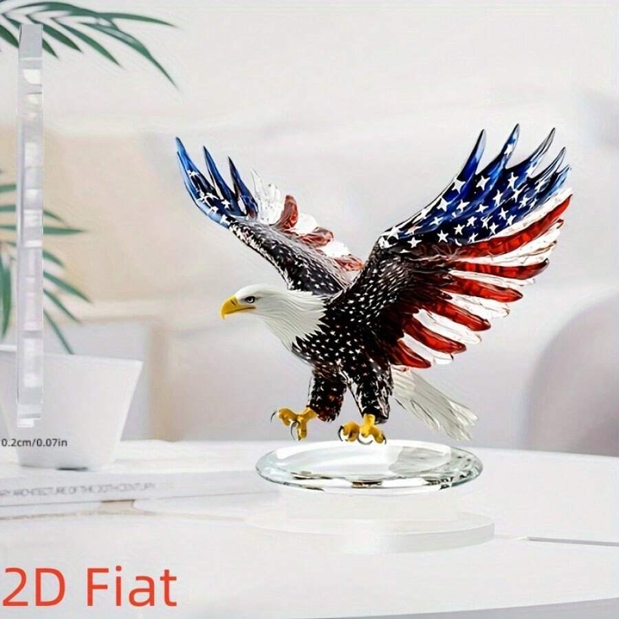 2D平面，1件2D亚克力波西米亚风格老鹰雕塑，带有美国国旗图案 - 爱国主义家居和办公室装饰，适合书桌和客厅，理想的圣诞礼物，客厅艺术品 | 美国国旗图案 | 水晶底座。 - 鷹 - 查看 1
