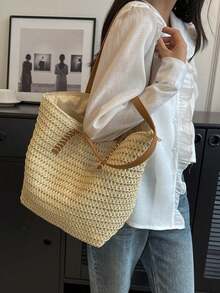 2025 New Large Capacity Commuter Bag For Women, Chic Straw Woven Shoulder Bag, Beach Tote Bag - Beige - View 3