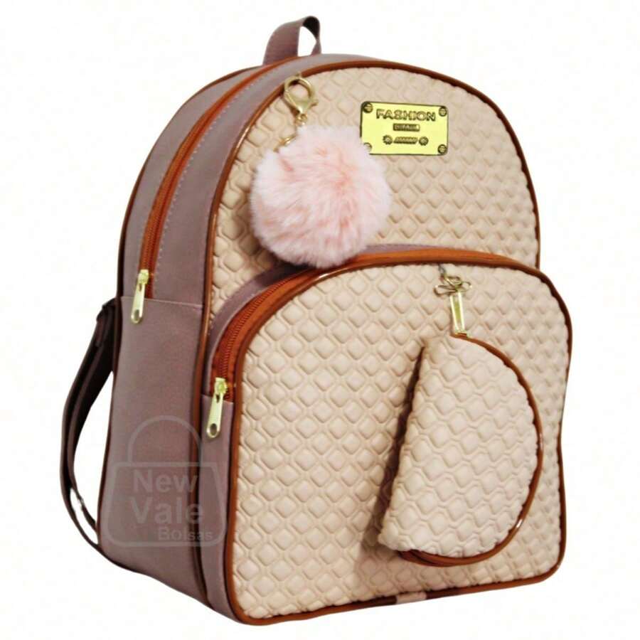 Women's Backpack, Reinforced Small Backpack With Beautiful Exclusive Coin Purse + Pompom Keychain - Rusty Rose - View 1