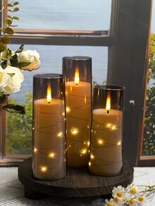 2/3/5 velas sin llama con luces de cadena de estrellas, velas LED con temporizador y control remoto, adecuadas para decoración del hogar, boda, fiesta, iluminación ambiental para días festivos (Gris) - gris - Ver 2