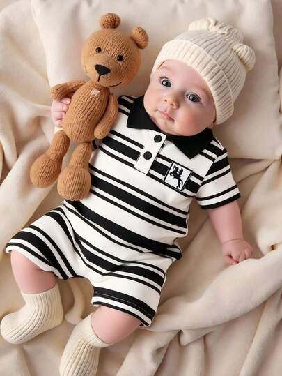 Summer Baby Fashionable Striped Black & White Polo Collar Embroidered Romper