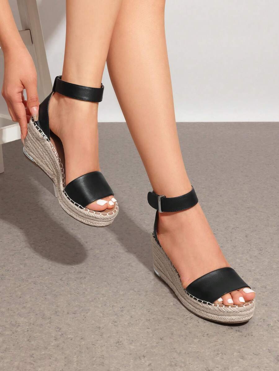 Women's Wedge Sandals Open Toe Espadrilles Sandals Comfortable Dressy Ankle Strap Platform One-Strap Sandals Suitable For Work Beach Holiday Summer Shoes - 黑色 - 查看 1