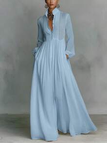 Spring And Summer New Temperament Waist Thin Long Sleeves Pleated Word Long Holiday Skirt French White Dress - Màu xanh lam - Xem 6