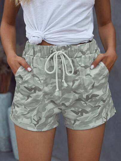 Acelitt 女士迷彩印花口袋高腰抽绳休闲沙滩度假短裤，夏季
