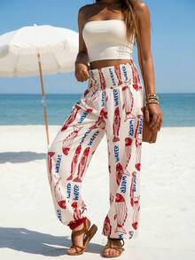 女士休闲连衣裙裤 高腰鱼纹印花弹力裤脚编织家居裤 夏季日常通勤和居家穿着 (JH25163) 度假 - 杏色 - 查看 4