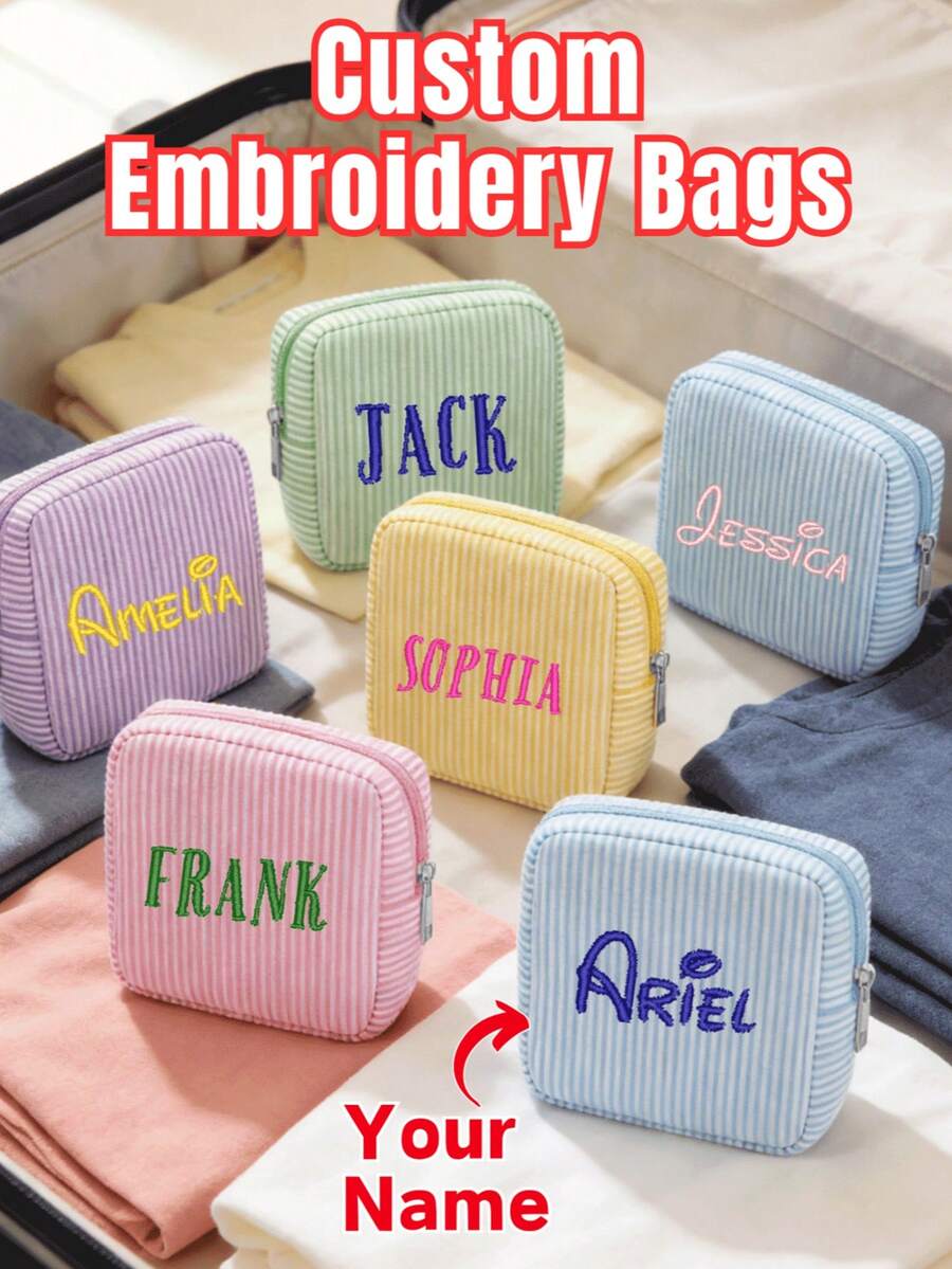 Personalized Embroidered Striped Canvas Cosmetic Bag - Customized Name Striped Ladies Makeup Bag, Bridesmaid Gift Embroidered Makeup Bag, Travel Makeup Organizer Bag, Bridal Shower Gift Makeup Bag - Multicolor - View 1