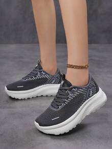 Women's Fashion Sneakers - Breathable & Comfortable, With Thick Sole Support, Lace-Up Low-Top Design, Suitable For Casual & Sports Wear, All Season - Grey - View 4