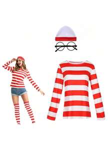 1 Set Where's Wally British Cartoon Cosplay Costume, Includes Shirt + Hat + Glasses (3pcs) - Red and White - View 4