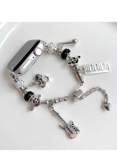 1 pieza Pulsera de metal con dije de festival de música compatible con correa de de 38mm, 40mm, 41mm, 42mm, 44mm, 45mm, 49mm (S10 42)mm (S10 46)mm, pulsera con colgante de guitarra y batería de estilo sencillo y elegante compatible con iWatch Series 11 Ultra 3 SE3 Ultra 2 S10 SE2 9 8 7 SE 6 5 4 3 2 1, regalo de festival de música.