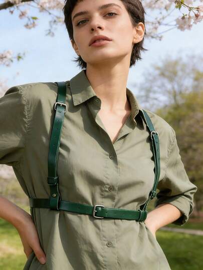 1 PC 2026 Spring New Arrival Army Green PU Leather Suspender Waist Belt, One-Piece Harness Cincher, Shirt Dress Waist Shaper For Women