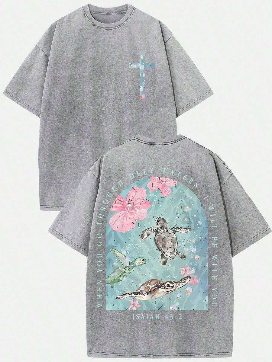 2026 Summer Clothes(230g T-Shirt) Loose Washed Cotton "When You Go Through Deep Waters" Turtle Graphic T-Shirt, Comfortable Christian Faith Tee With - 灰色 - 查看 1