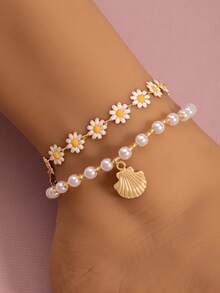 Cute Oil Drop Flower Design Fashion Hot Selling Seashell Pearl Anklet, Versatile To Match Outfits, Suitable For Daily Wear - Gold - View 6