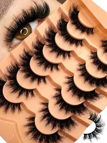 7 Pairs Cat Eye Soft Fluffy Thick 3D Faux Mink Eyelashes, Handmade Curly Mink Lashes, Natural Looking False Eyelashes, Layered Dramatic Lashes, Reusable - Black - View 2