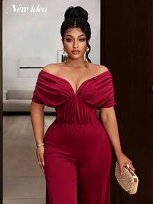 女士优雅露肩连体裤，褶皱高腰阔腿连体裤，适合派对穿着 - 酒紅色 - 查看 5