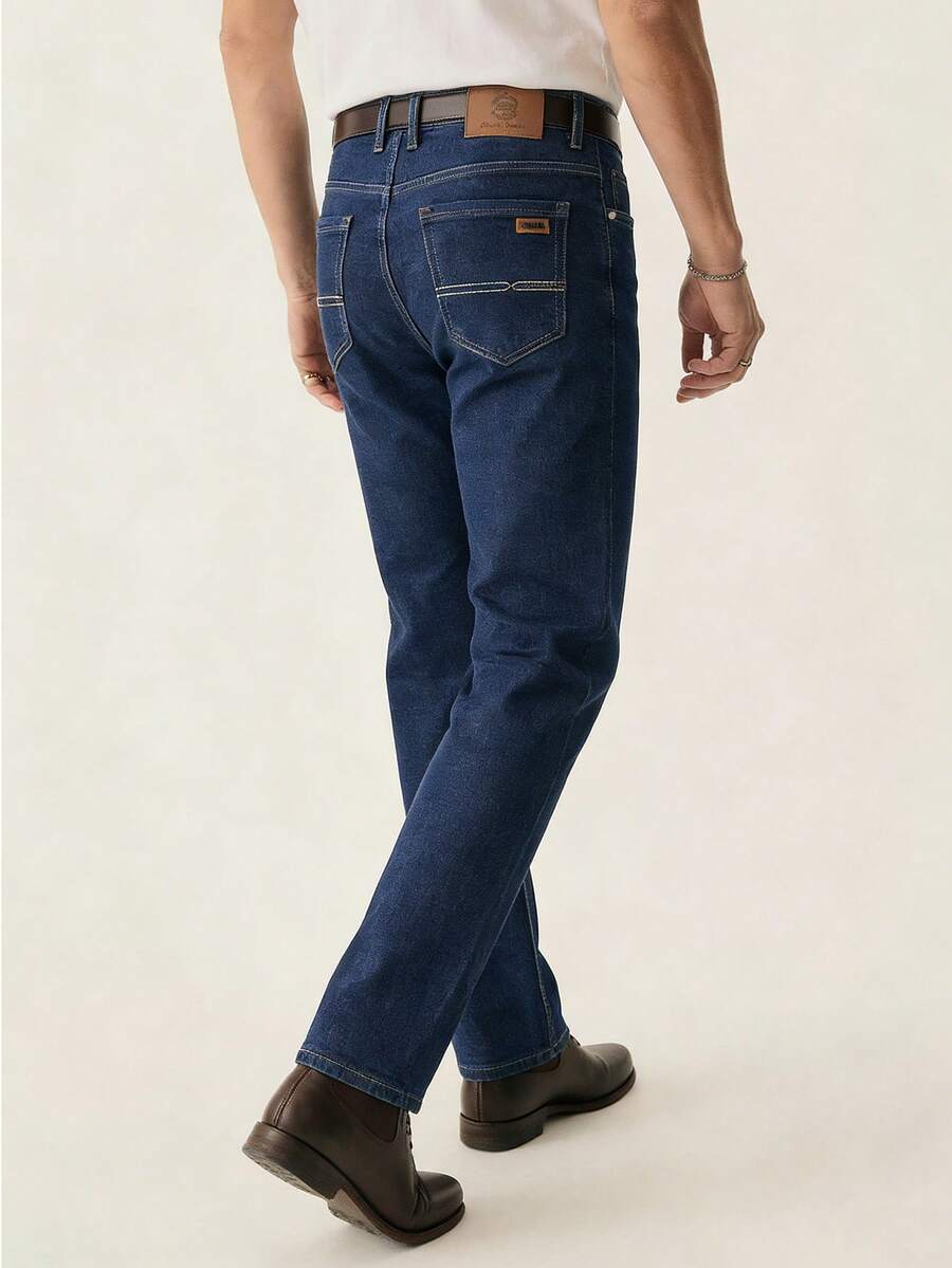 Men's Stretch Slim Straight Leg Business Casual Jeans, Slant Pocket Design, Versatile For Daily Wear - Blue - View 1