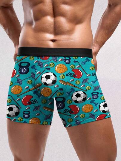 1PC Men's Novelty Boxer Briefs, Fun Sports Print (Soccer, Basketball, Baseball), Soft Polyester Underwear, Athletic & Casual Home Wear, Perfect For Sports Fans & Gym Enthusiasts