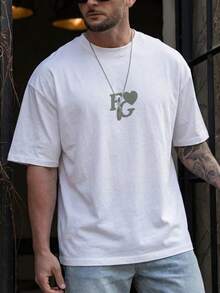 FRACTYR Men's Casual Street Style Loose Fit Heart Graphic Print Round Neck Short Sleeve T-Shirt, Summer - White - View 4