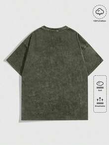Summer TopsHalloween Retro Washed T-Shirt Scream Ghostface Heart Hands Graphic Tees Water Washing Print T-Shirt, Vintage T-Shirt,Short Sleeves Crew Ne - 軍綠色 - 查看 2
