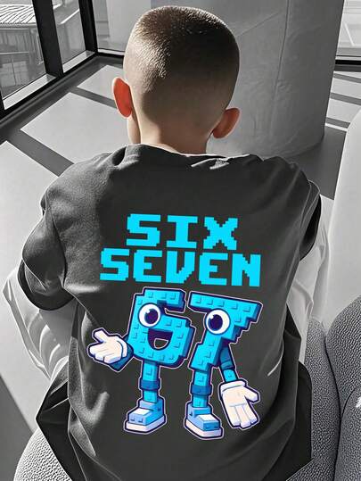 Teen Boy "SIX SEVEN-Italian Brain" Colorful Number 67 Cartoon Print T-Shirt, Suitable For Daily Wear, Streetwear, Campus Style, Fashionable Casual Versatile Boy's Summer Top