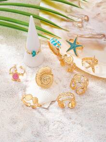 10pcs/Set Stackable Ocean Elements Starfish Rings, Turtle Shell Rings, Bohemian Style Jewelry Accessories, Suitable For Vacation Swimwear Matching - Multicolor - View 4