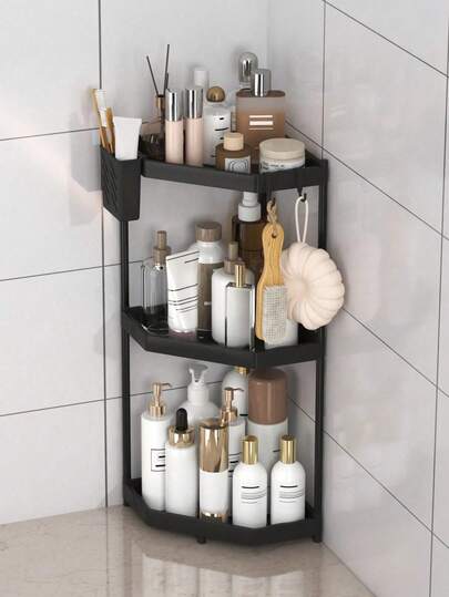 1pc, Rust-Proof Corner Shower Triangle Rack, 2/3 Tier Bathroom Organizer, Shampoo Storage Rack, Bathroom Shelving, Kitchen Storage Rack,With Hooks For Hanging Bath Balls, Freestanding Rack.