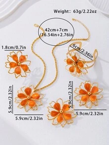 Bộ 5 món thời trang nữ kiểu dáng cổ điển phóng khoáng, họa tiết giọt dầu và hoa, gồm dây chuyền, bông tai, vòng tay và nhẫn, thích hợp cho tiệc tùng, dạ hội và mặc hàng ngày. - trái cam - Xem 2