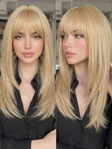 20 Inch Blonde Straight Wig For Women - With Bangs, Premium Synthetic, Adjustable Cap | Daily/Party Styling - Gold - View 3
