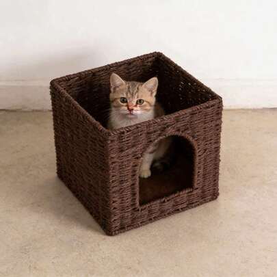 Handmade Woven Foldable Storage Basket, Multi-Functional Cat Bed, Organizer Bin For Miscellaneous Items, Minimalist Checkered Design