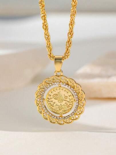 1pc Vintage Luxurious Exquisite Unique Golden Coin Cubic Zirconia Pendant Necklace For Woman Wedding Daily Vacation Music Festival Anniversary Gift Couple's Gift,Gift For Her The Best Choice Of Ramadan Decorations