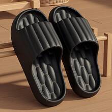 MAOLI 极简条纹女士家居拖鞋，浴室拖鞋，休闲室内/室外轻便软底透气夏季拖鞋，男女通用露趾凉鞋 - 黑色 - 查看 6