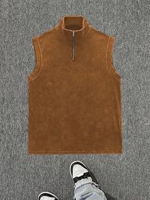 男士简约复古水洗半拉链背心，夏季款 - 摩卡棕 - 查看 3