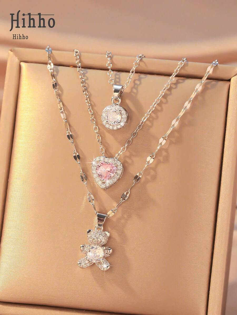 Hihho 3件套简约可爱铜质微镶锆石圆形、心形、小熊吊坠项链，适合女性日常及派对佩戴 - 銀色 - 查看 1